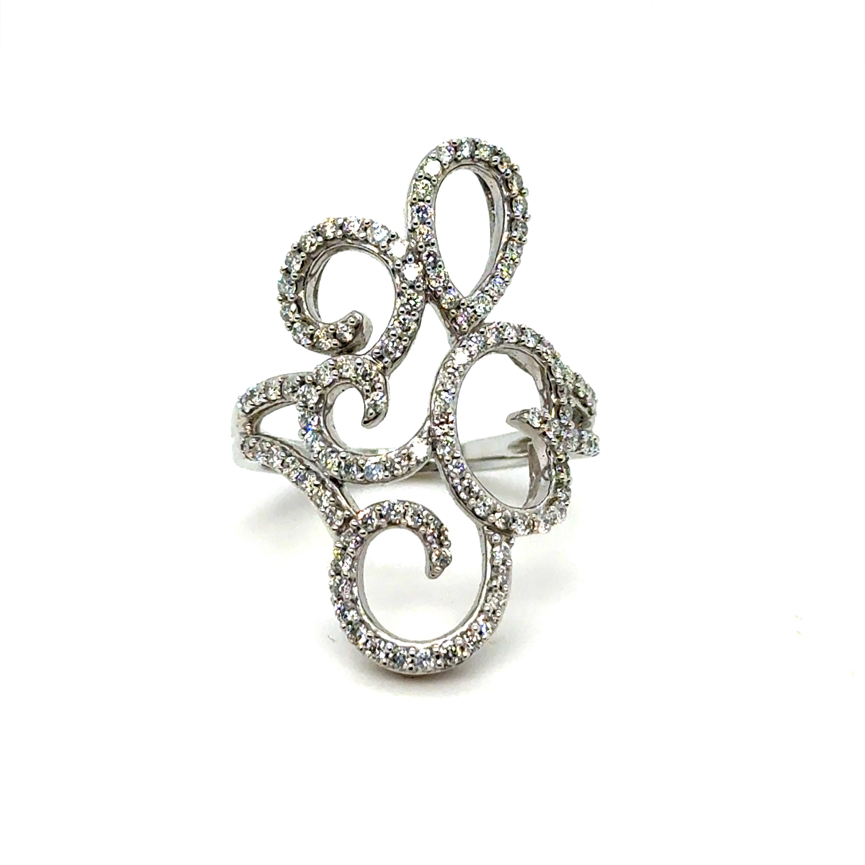 Swirly Vintage 14K White Gold Diamond Ring Engagement Ring -0.76ct.